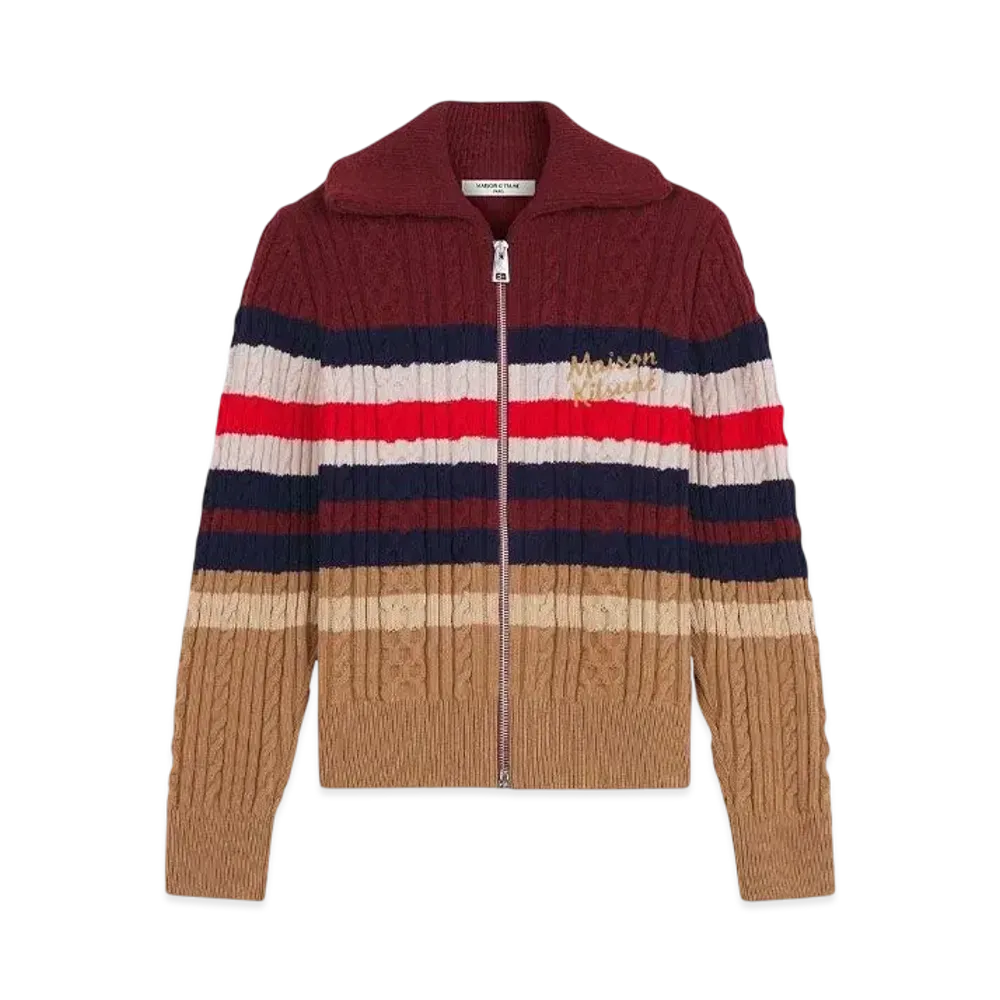 Maison Kitsune Striped Cable Zip Cardigan "Cherrywood/Chamomile"
