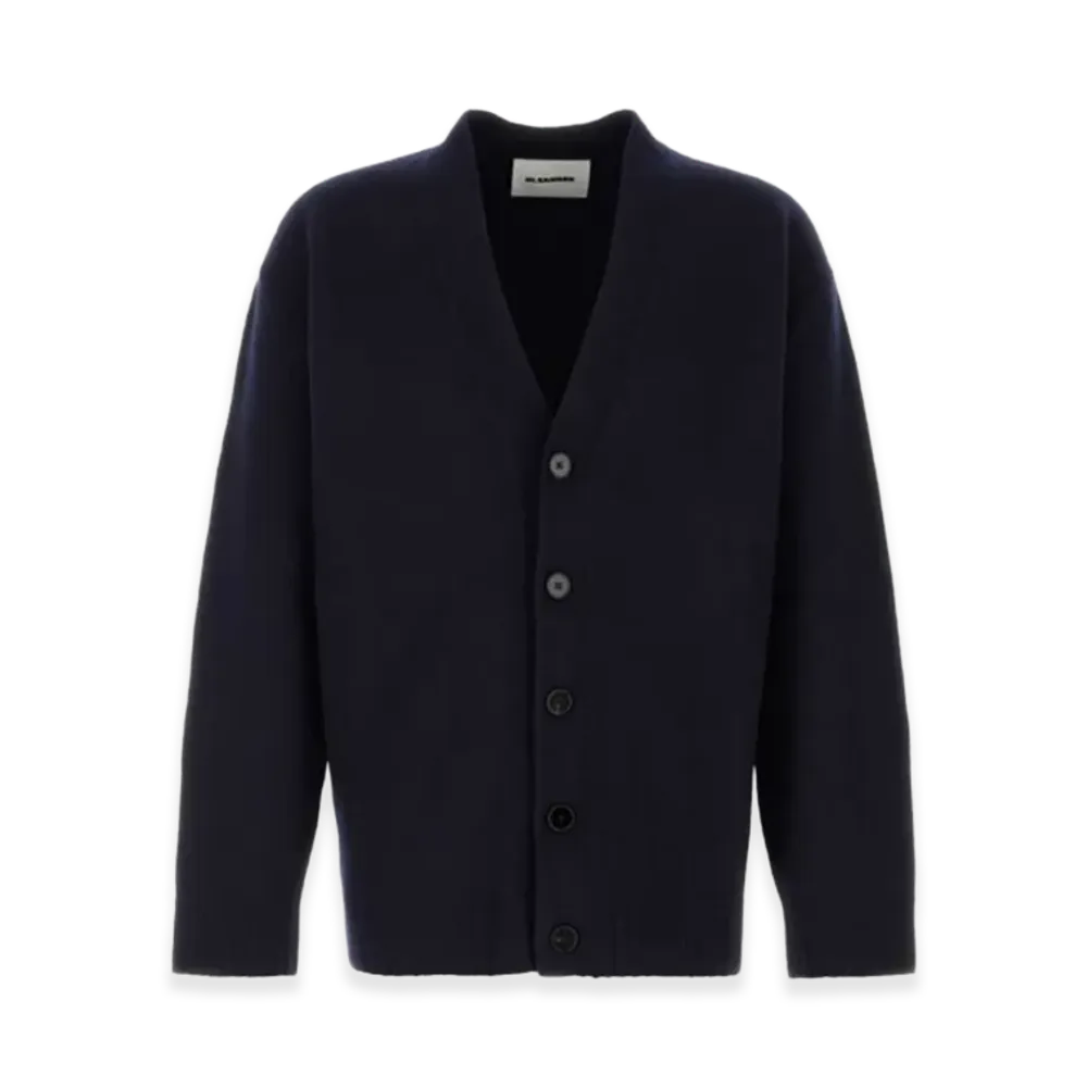 Jil Sander V-Neck Fine Merino Boiled Wool Cardigan "Dark Blue"