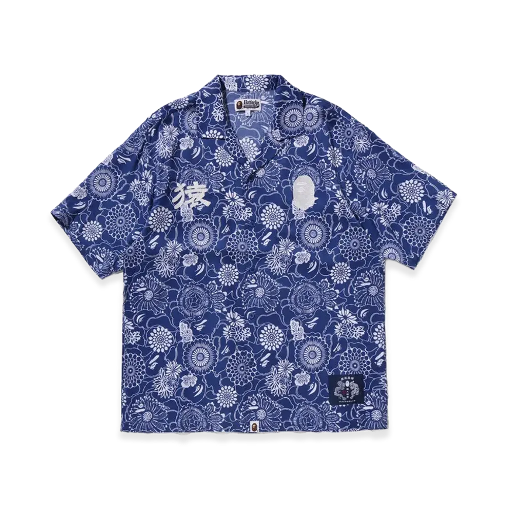 A BATHING APE Japanese Indigo Art Camo Open Collar SS Shirt "Indigo"