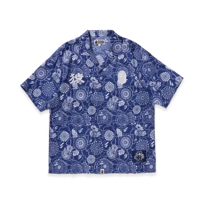 A BATHING APE Japanese Indigo Art Camo Open Collar SS Shirt "Indigo"