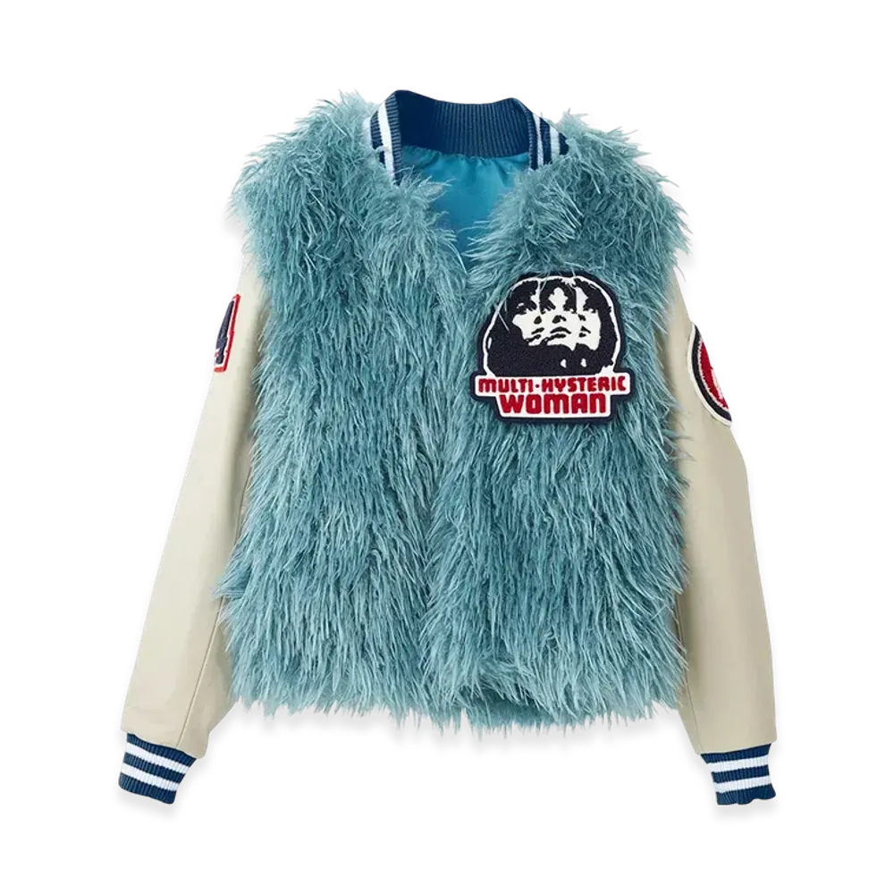 HYSTERIC GLAMOUR Hysteric Woman Patch Faux Fur Stadium Jacket "Blue"