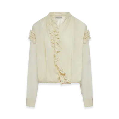 DRIES VAN NOTEN Women's Ramie Blouse with Ruffles and Crossover Neckline "White"