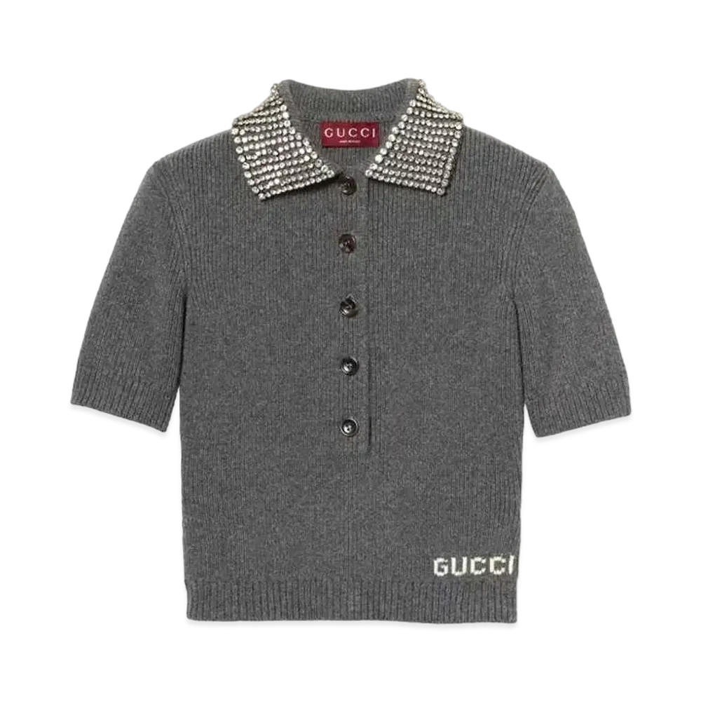 GUCCI Rib Wool Polo Top "Dark Gray"