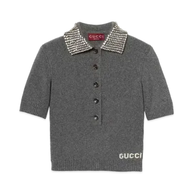 GUCCI Rib Wool Polo Top "Dark Gray"