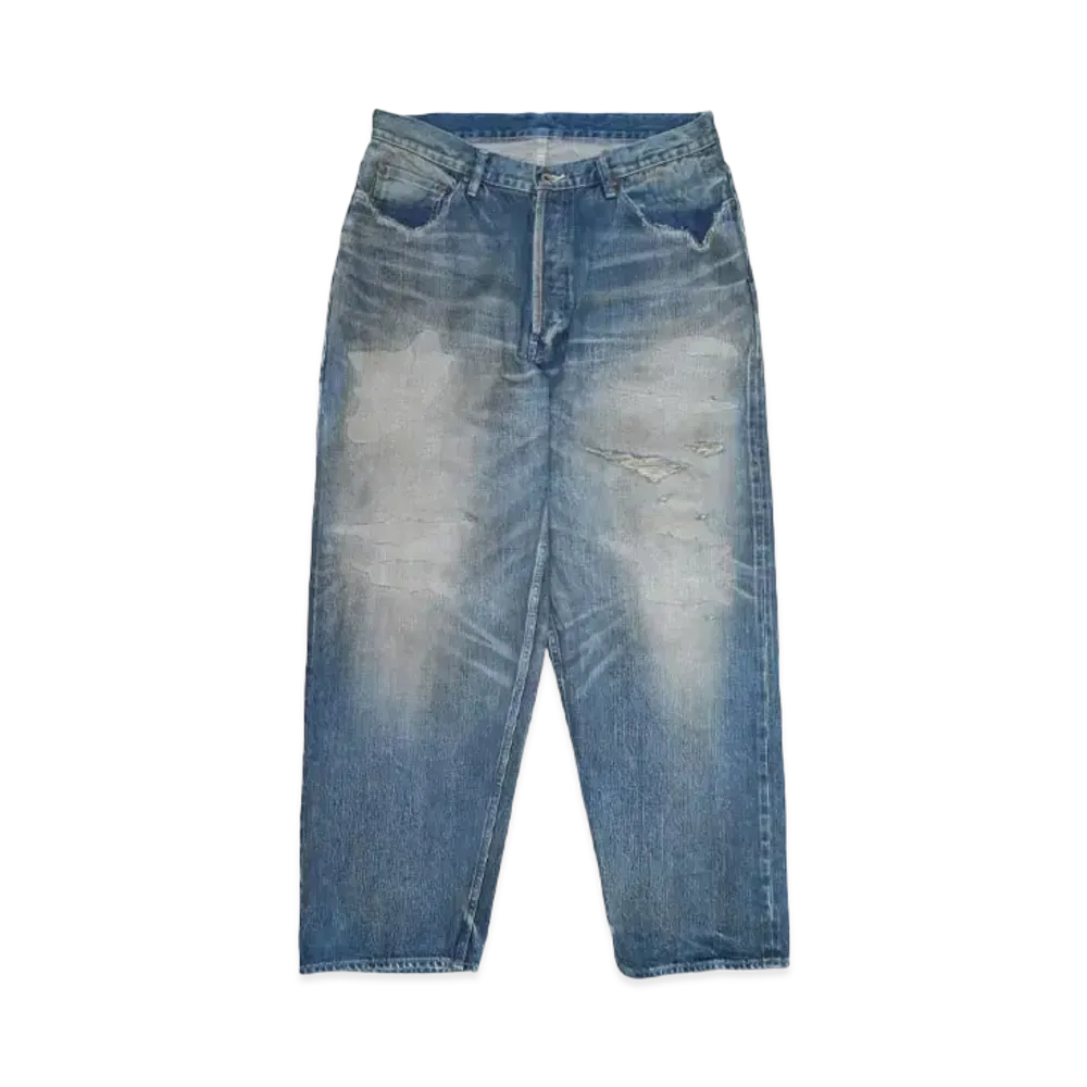 MADNESS HARD AGING DENIM PANTS. WIDE COMFY (DAMAGED AND REPAIRED FINISH) "INDIGO"