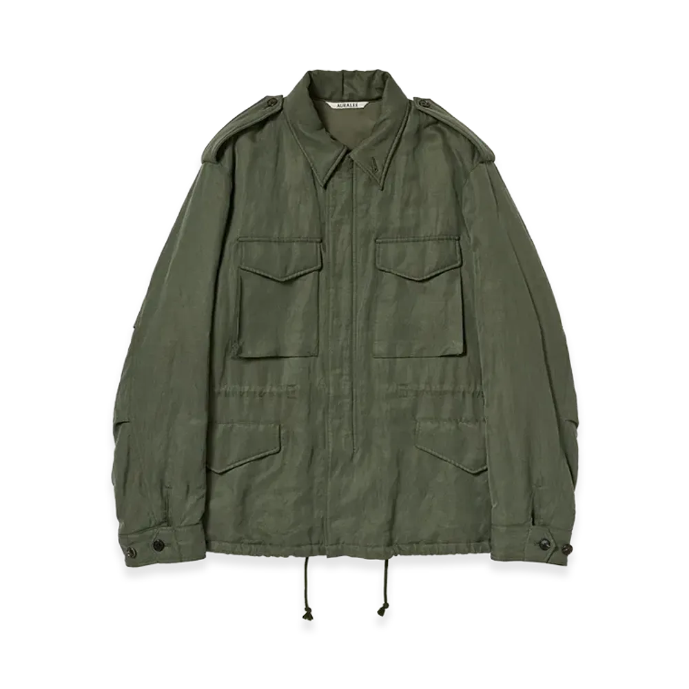 AURALEE Women's Brushed Silk Linen Satin Padded Military Blouson "Olive"