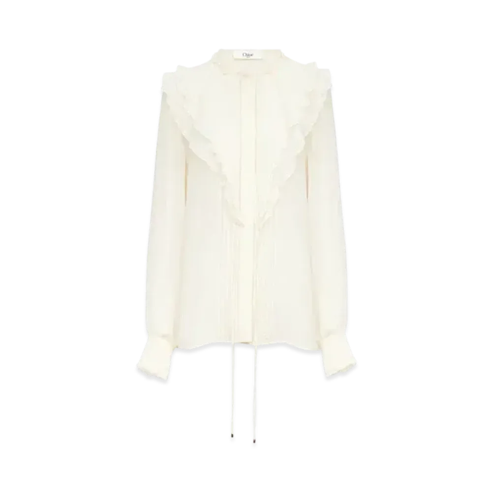 Chloe Ruffled Blouse In Silk Georgette "Dusty White"