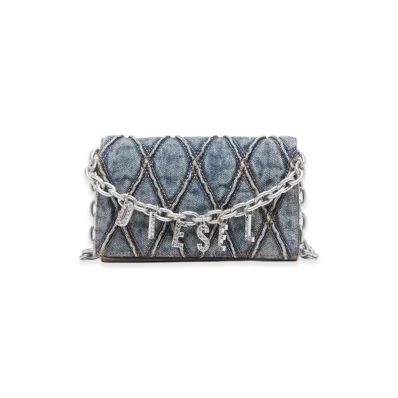 Diesel Charm-D Wallet Strap Wallet Purse In Argyle Quilted Denim "Blue"