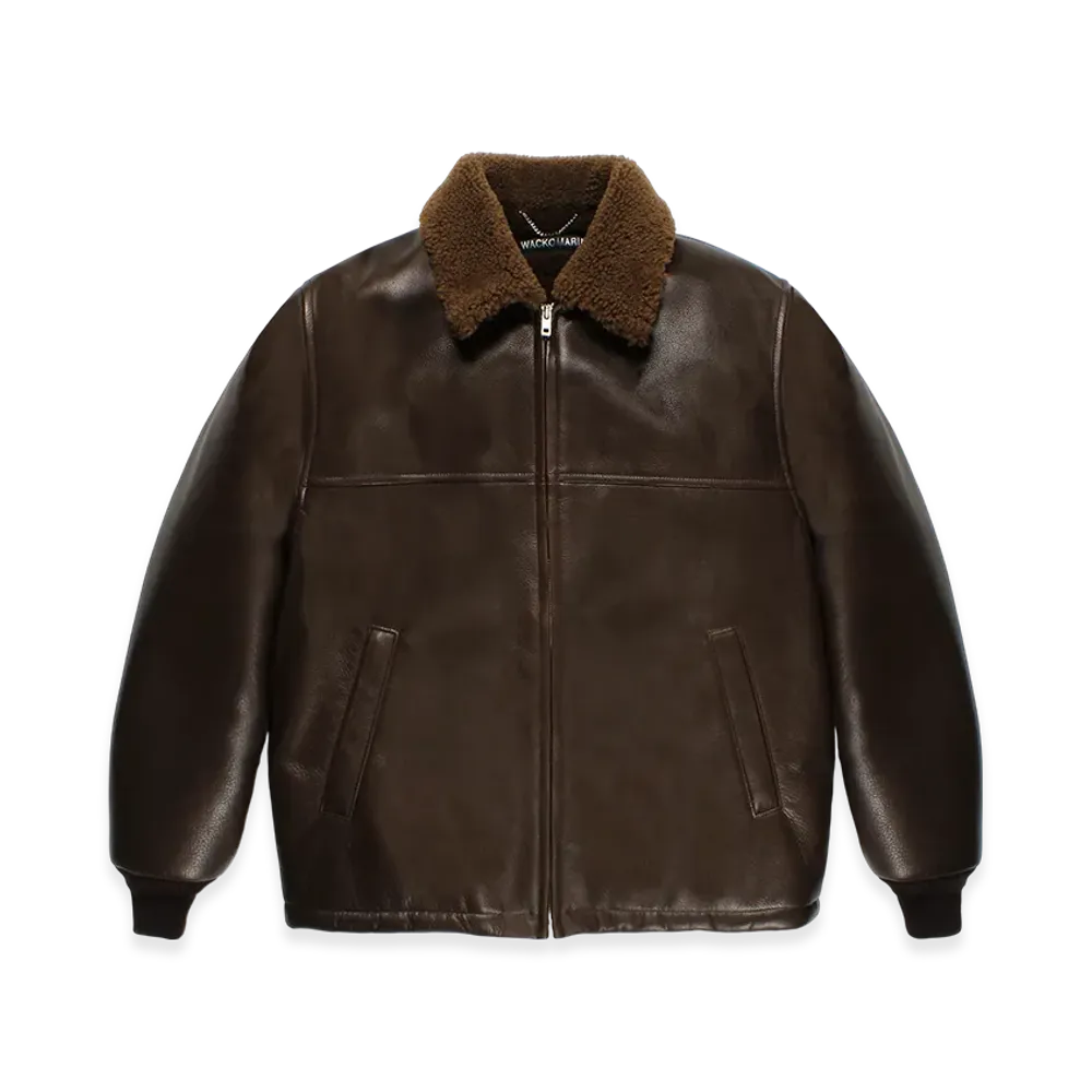 WACKO MARIA Mouton Collar Leather Boa Jacket "Brown"