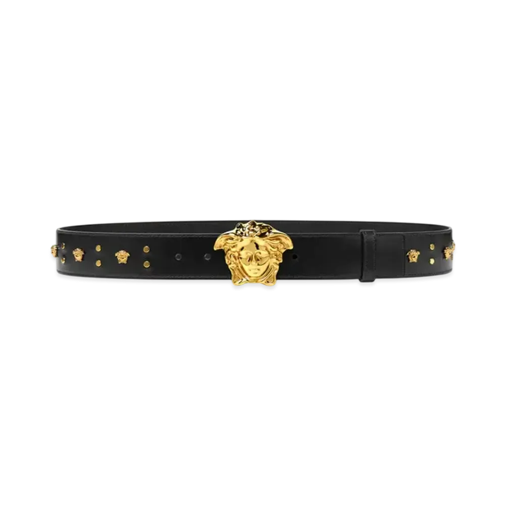 Versace Studded Medusa Leather Belt 1.6" "Black/Gold"
