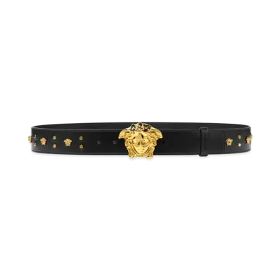 Versace Studded Medusa Leather Belt 1.6" "Black/Gold"