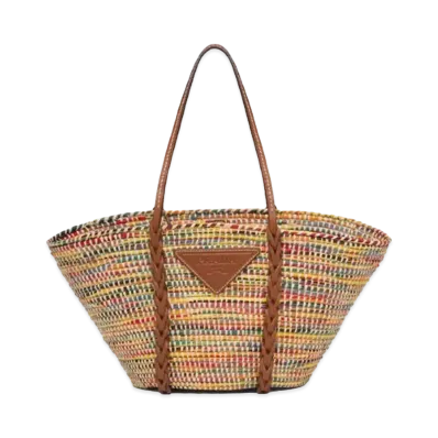 PRADA Straw & Leather Tote Bag "Multicolored/Cognac"