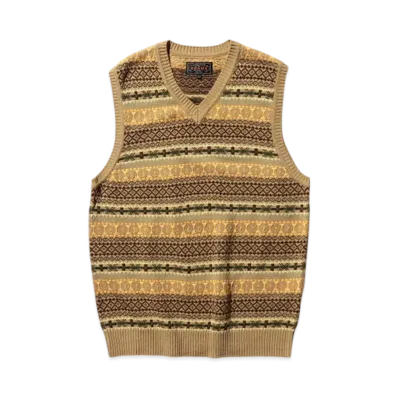 BEAMS Cotton (Linen) Vest Fair Isle Pattern "Khaki"