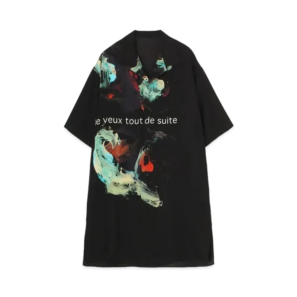 Yohji Yamamoto Pour Homme SILK SATIN ORIGINAL MESSAGE PRINT ALOHA SHIRT "Black"