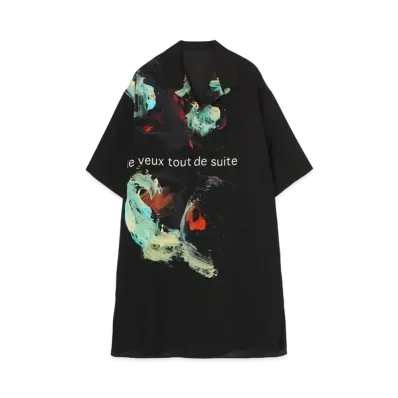 Yohji Yamamoto Pour Homme SILK SATIN ORIGINAL MESSAGE PRINT ALOHA SHIRT "Black"
