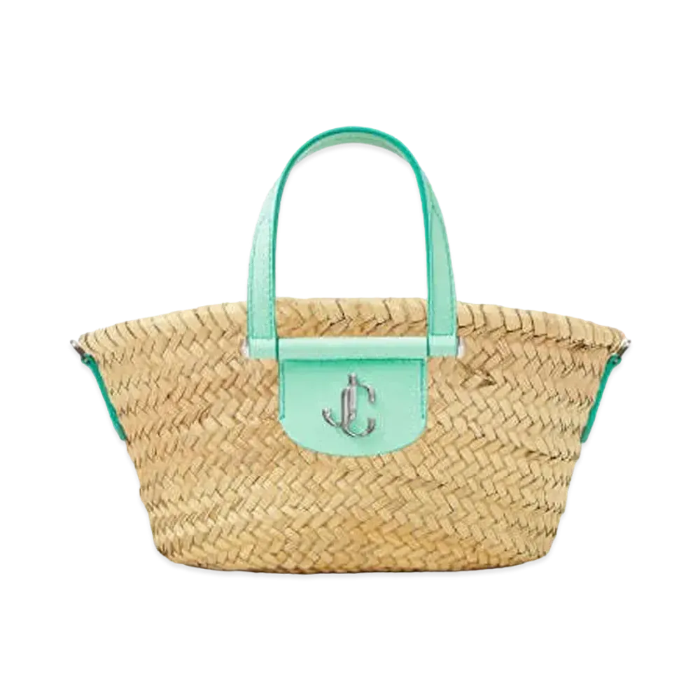 Jimmy Choo Macy Tote/S Palm Leaf Raffia And Calf Leather Tote Bag With JC Logo "Silver/Natural/Miami Mint"