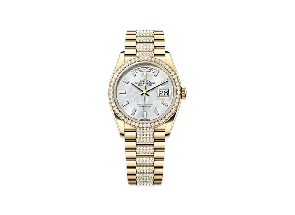 ROLEX Day-Date 36mm Yellow Gold Diamond 128348RBR "White Mother-of-Pearl"