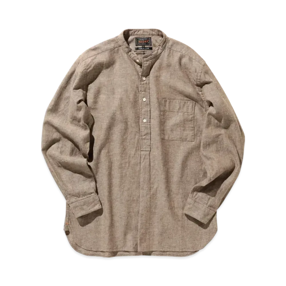BEAMS Band Collar Pullover Cotton Linen Herringbone "Brown"