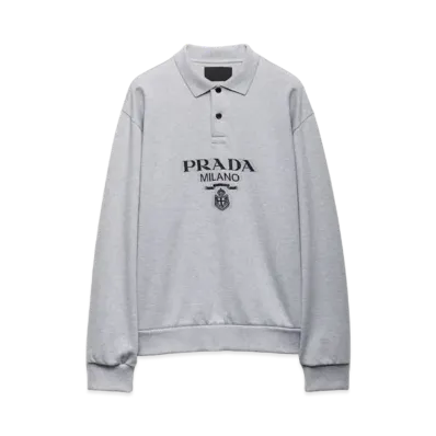 PRADA Men's Long-Sleeved Cotton Polo Shirt "Light Gray"