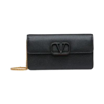 Valentino Vlogo Signature Grainy Calfskin Wallet With Chain "Black"
