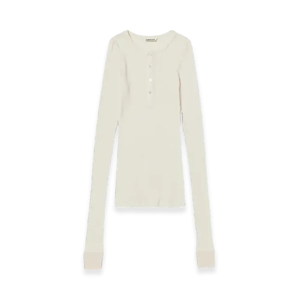 AURALEE Organic Soft Rib Henley Neck L/S T-Shirt "Ivory"
