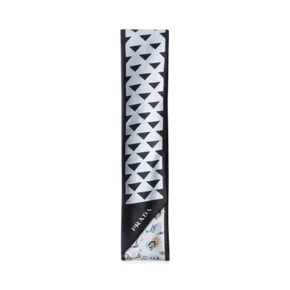 PRADA Printed Silk Twill Skinny Scarf "Black/Sky Blue"