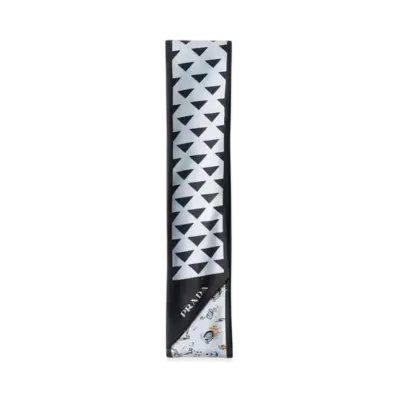 PRADA Printed Silk Twill Skinny Scarf "Black/Sky Blue"