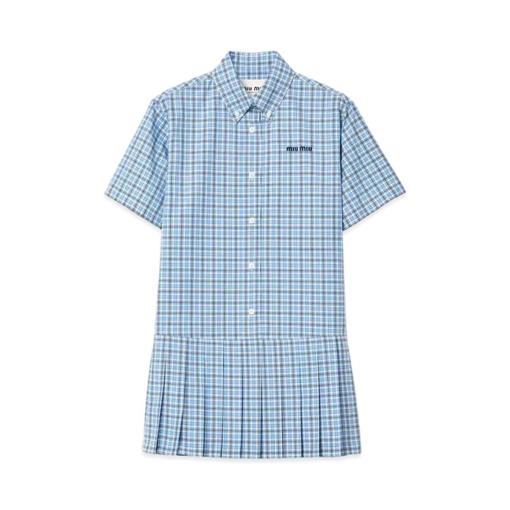 MIUMIU Women's Pleated Checked Poplin Dress "Light Blue/Navy"