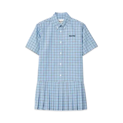 MIUMIU Women's Pleated Checked Poplin Dress "Light Blue/Navy"