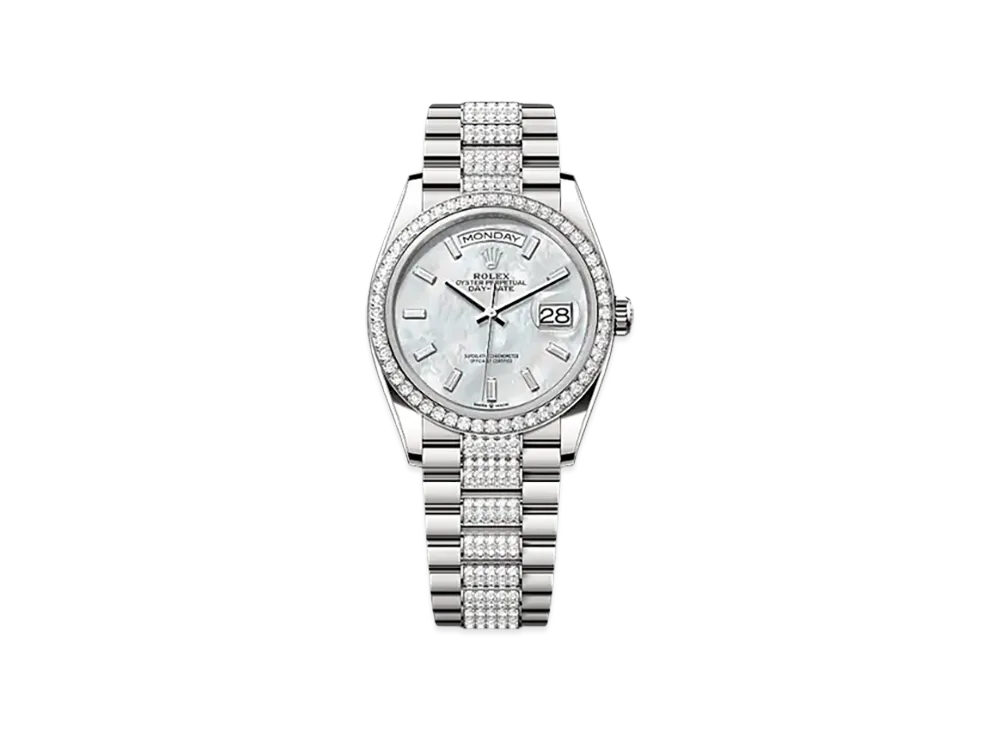 ROLEX Day-Date 36mm White Gold Diamond 128349RBR "White Mother-of-Pearl"