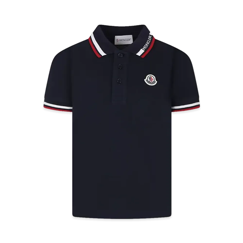 MONCLER Kids Tricolour Trimmed Cotton Pique Polo Shirt "Dark Blue"