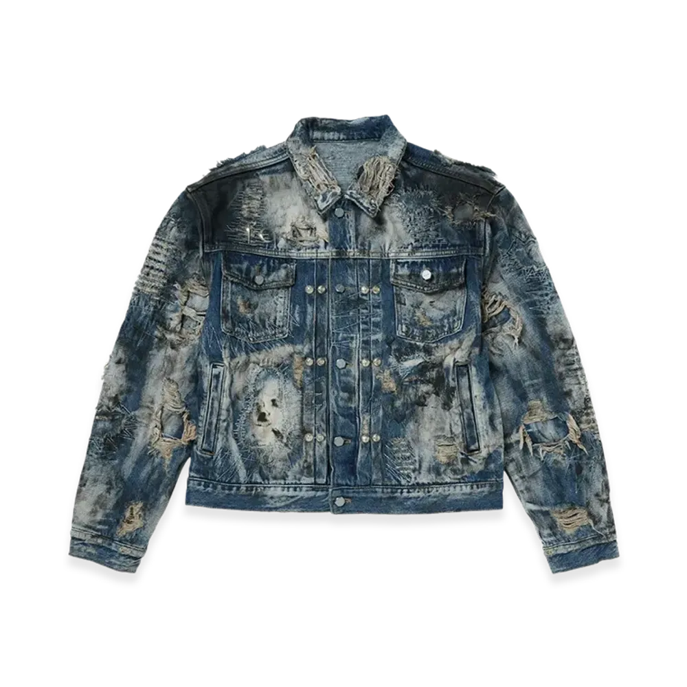 THUG CLUB Hard-Washed Damaged Denim Jacket "Blue"
