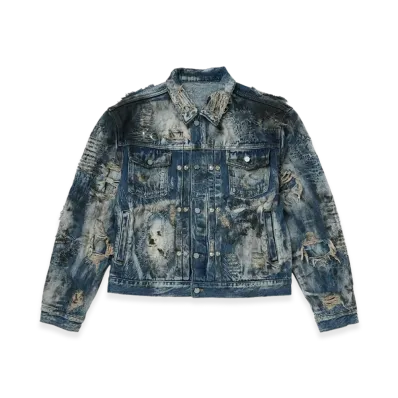 THUG CLUB Hard-Washed Damaged Denim Jacket "Blue"