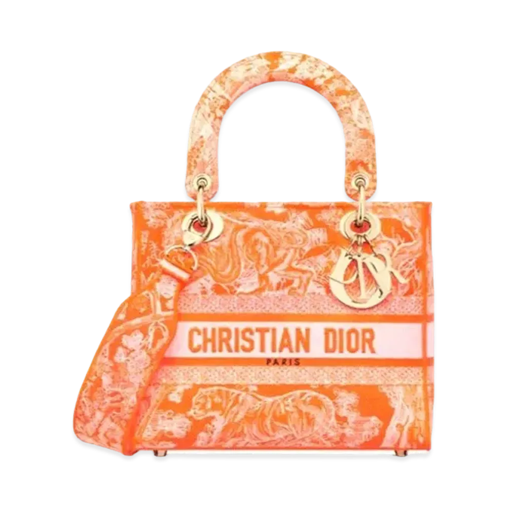 Dior Medium Lady D Lite Bag Toile De Jouy Reverse Embroidery "Fluorescent Orange"