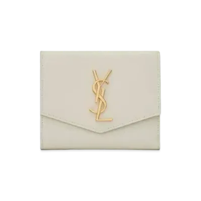Saint Laurent Uptown Compact Wallet In Grain De Poudre Embossed Leather "Vintage White"