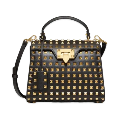 Valentino Small Rockstud Alcove Grainy Calfskin Handbag With All-Over Studs "Black"