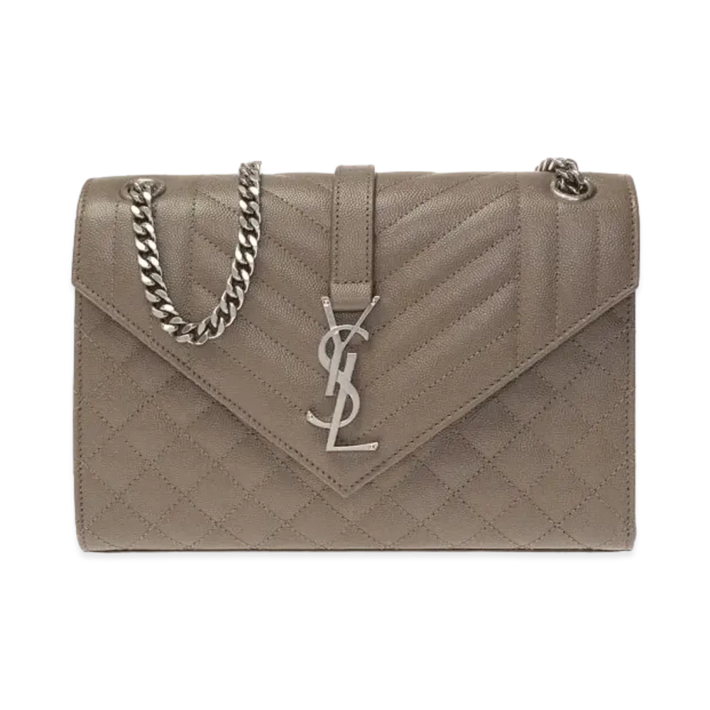 SAINT LAURENT Envelope Chain Wallet In Mix Matelasse Grain De Poudre Embossed Leather "Stone Gray"