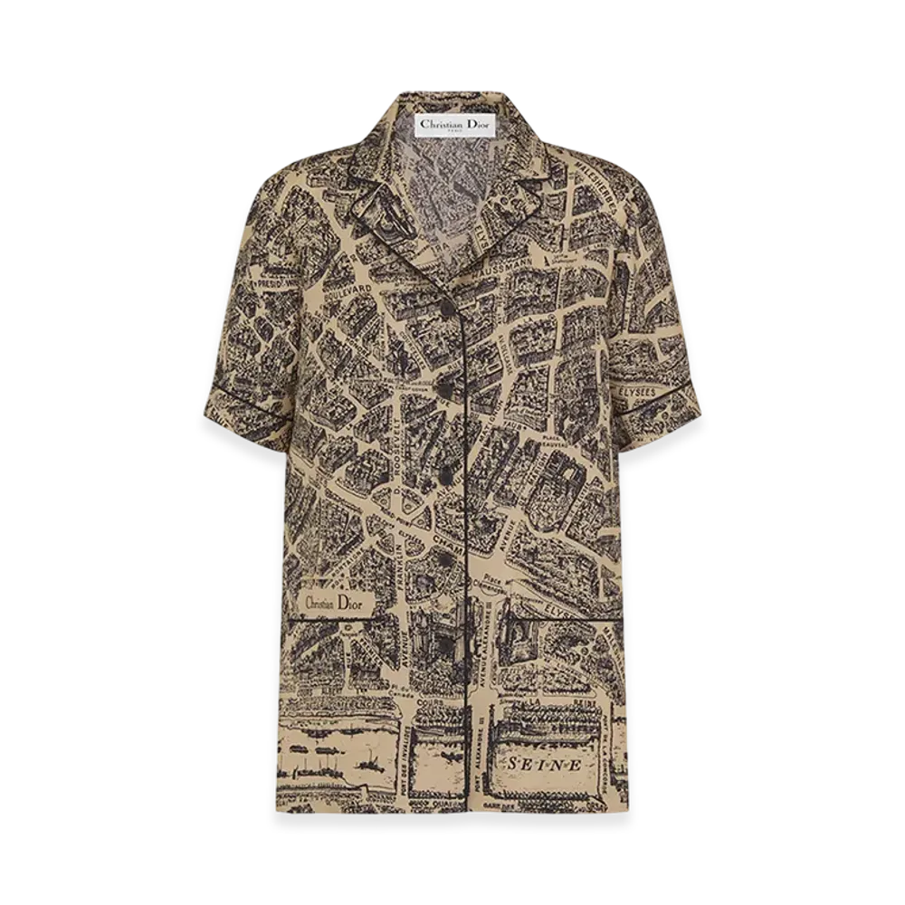 Dior Women's Short-Sleeved Shirt Silk Twill Plan Paris Motif "Beige/Black"