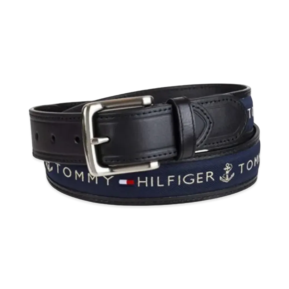 TOMMY HILFIGER Anchor Logo Ribbon Inlay Leather Belt "Black"