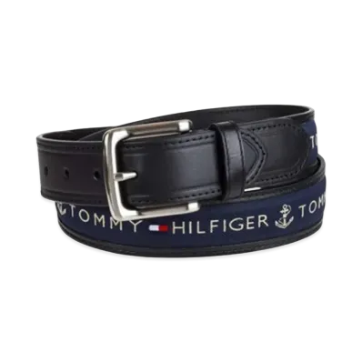 TOMMY HILFIGER Anchor Logo Ribbon Inlay Leather Belt "Black"