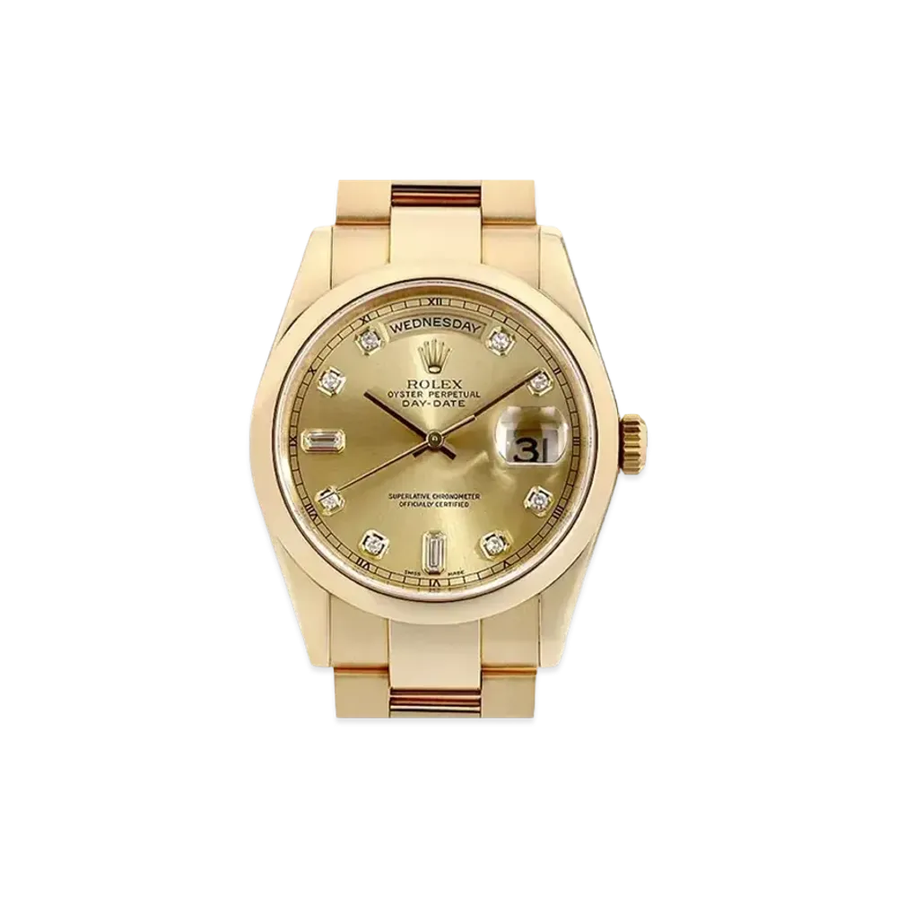 ROLEX Day-Date 8P Diamonds/2P Baguette Diamonds "Champagne/Yellow Gold"