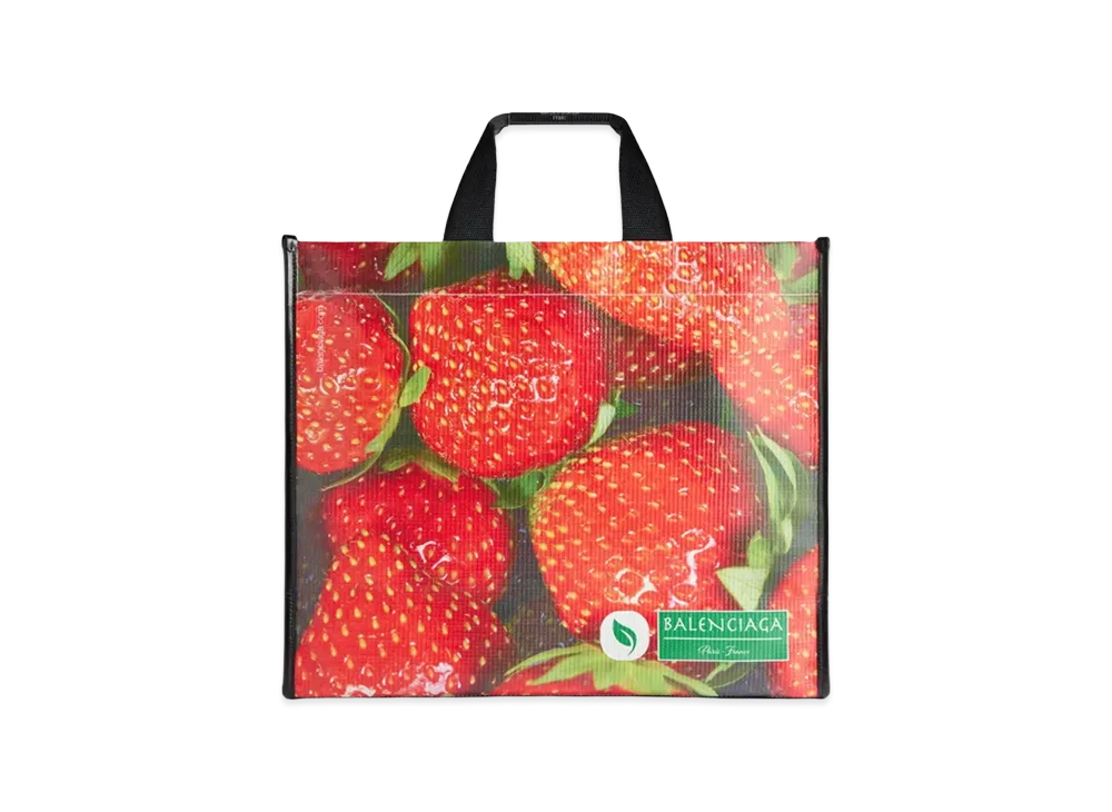 BALENCIAGA Antwerp Medium Tote Bag In Veggie and Strawberry Printed Mesh Nappa Calfskin "Black"