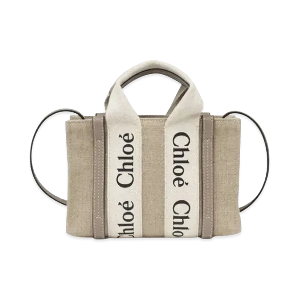 Chloe Mini Woody Tote Bag Linen Canvas&Shiny Calfskin With Chloe Logo "Musk Grey"