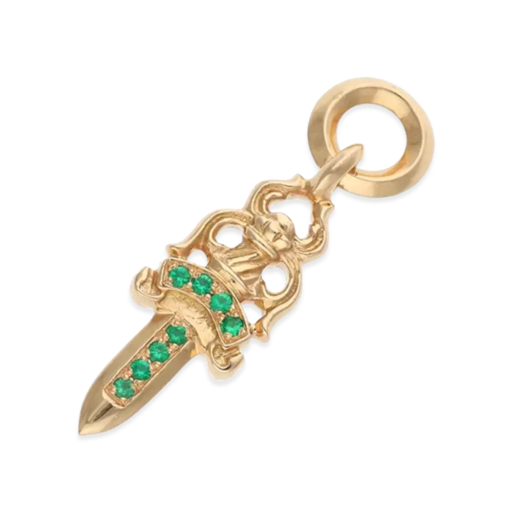 Chrome Hearts 22K #5 DAGGER Pave Emerald Gold Necklace Top "Yellow Gold/Green"