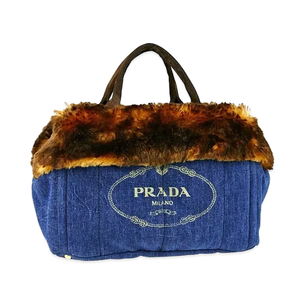 PRADA Blue Denim Logo and Faux Fur Shopping Tote Bag "Blue/Brown"