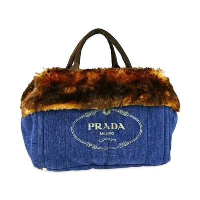PRADA Blue Denim Logo and Faux Fur Shopping Tote Bag "Blue/Brown"