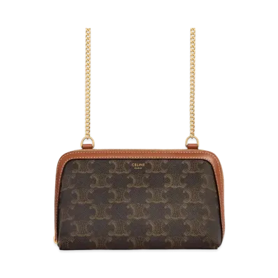 CELINE Clutch With Chain In Triomphe Canvas And Lambskin "Tan"