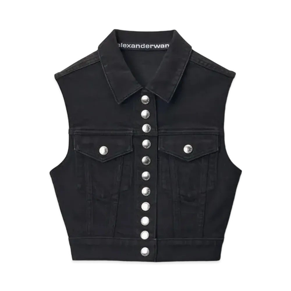 Alexander Wang Comfort Stretch Denim Cropped Trucker Vest "Washed Black"