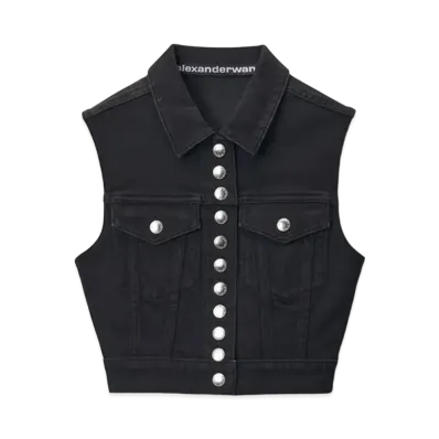 Alexander Wang Comfort Stretch Denim Cropped Trucker Vest "Washed Black"