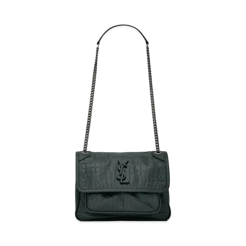 Saint Laurent Niki Baby In Crocodile-Embossed Leather "Deep Green"